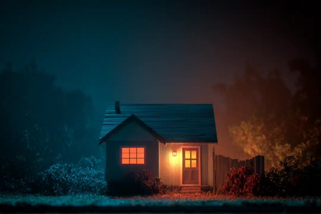 Small house at night with warm light glowing inside, symbolizing tenant safety and protection from landlord harassment.