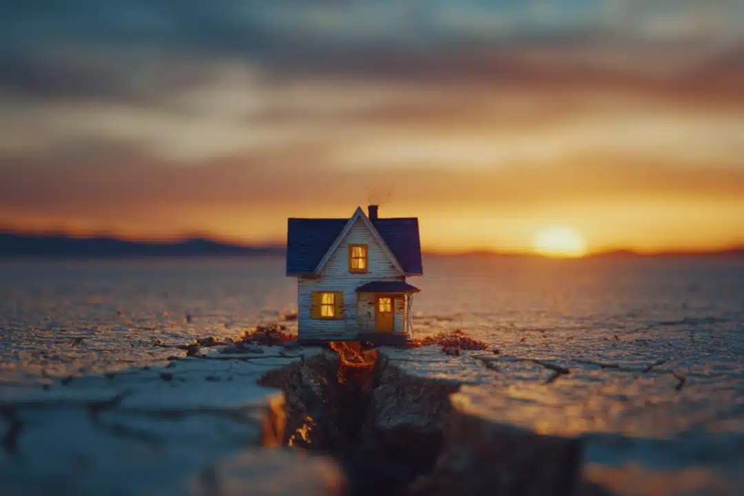 Small house on cracked ground at sunset, symbolizing housing instability and tenant eviction challenges in California.