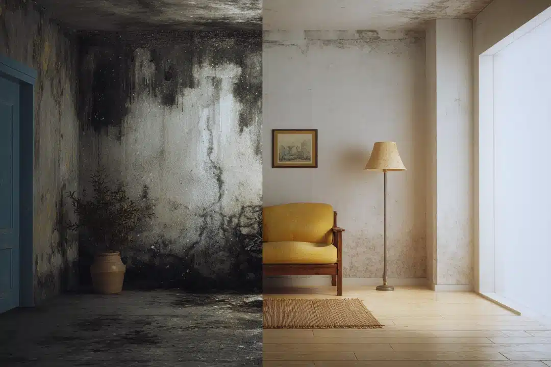 Side-by-side comparison of a damaged moldy apartment and a clean, livable home representing tenant habitability rights in California.