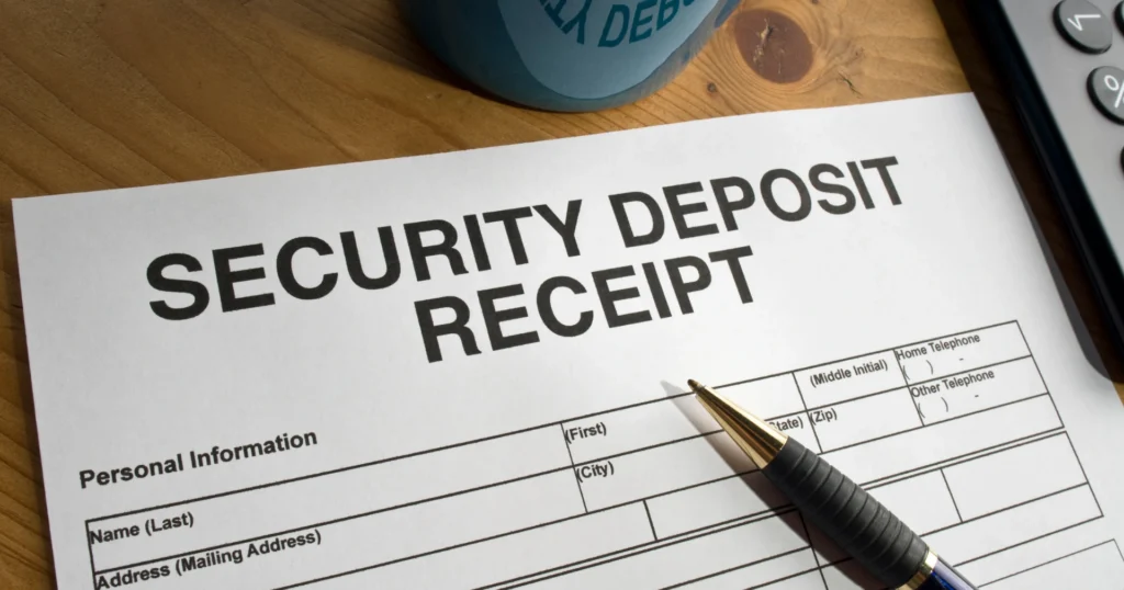 Security deposit receipt detailing payment amount, date, and property address for tenant records.